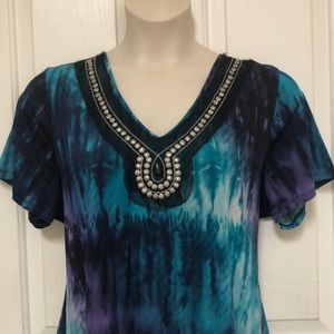 Tie Dye Beaded Blue and Purple Short Sleeve Shirt